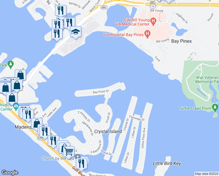 map of restaurants, bars, coffee shops, grocery stores, and more near 856 Bay Point Drive in Madeira Beach