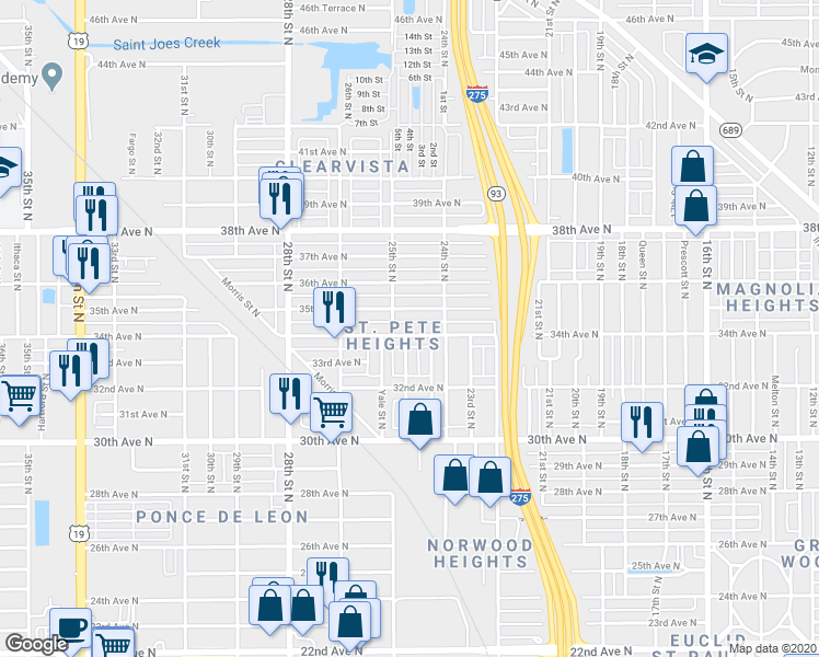 map of restaurants, bars, coffee shops, grocery stores, and more near 2475 34th Avenue North in St. Petersburg