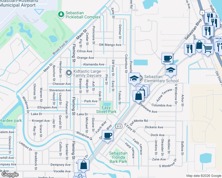 map of restaurants, bars, coffee shops, grocery stores, and more near 438 Easy Street in Sebastian