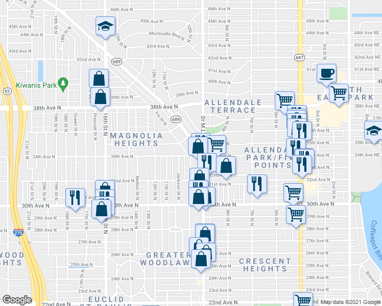 map of restaurants, bars, coffee shops, grocery stores, and more near 3331 Jackson Street North in St. Petersburg