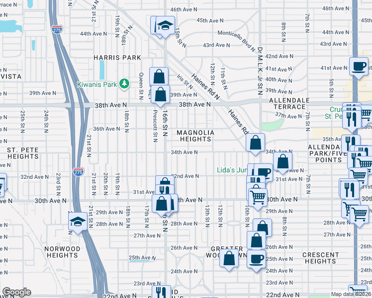 map of restaurants, bars, coffee shops, grocery stores, and more near 3321 14th Street North in St. Petersburg