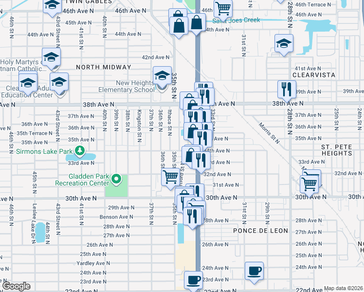 map of restaurants, bars, coffee shops, grocery stores, and more near 3482 34th Avenue North in St. Petersburg