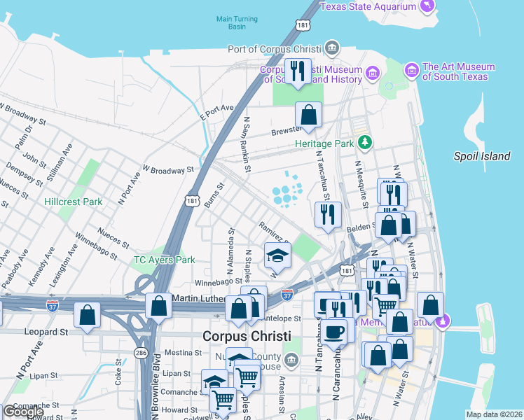 map of restaurants, bars, coffee shops, grocery stores, and more near 1301 North Staples Street in Corpus Christi