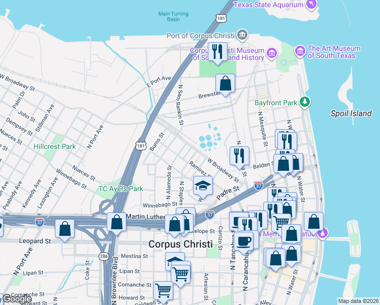 map of restaurants, bars, coffee shops, grocery stores, and more near 1301 North Staples Street in Corpus Christi