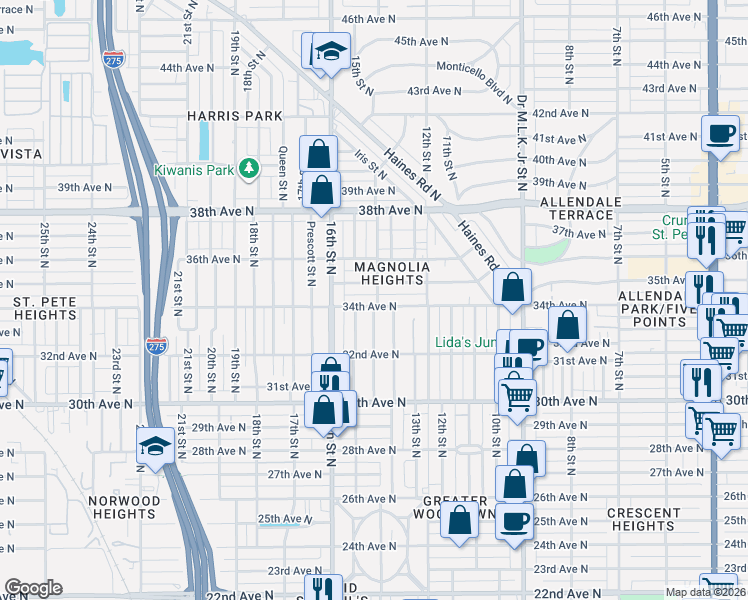 map of restaurants, bars, coffee shops, grocery stores, and more near 3321 14th Street North in St. Petersburg