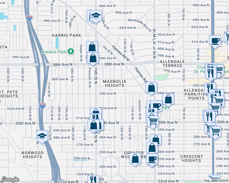 map of restaurants, bars, coffee shops, grocery stores, and more near 1329 34th Avenue North in St. Petersburg