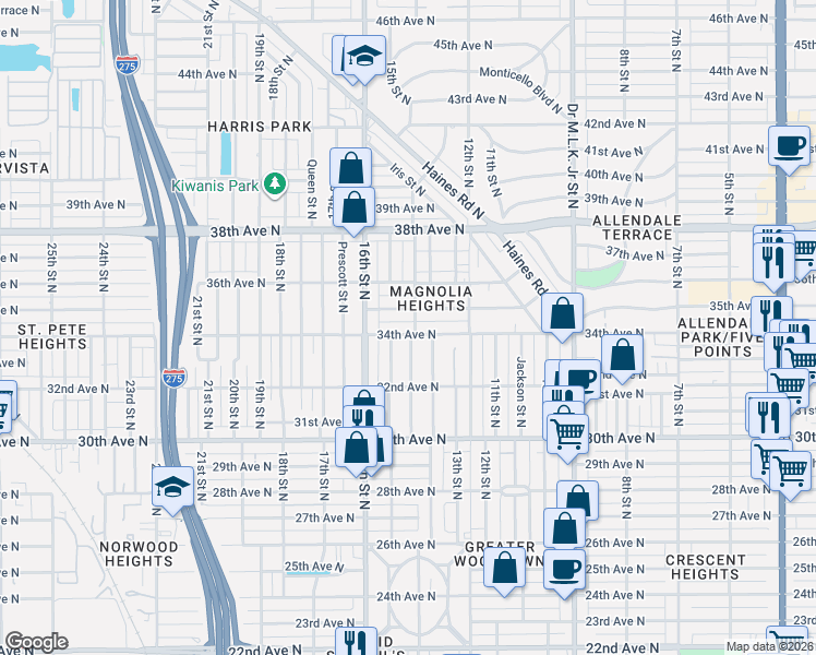 map of restaurants, bars, coffee shops, grocery stores, and more near 3321 14th Street North in St. Petersburg