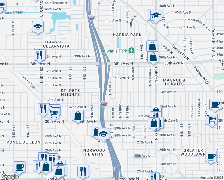 map of restaurants, bars, coffee shops, grocery stores, and more near 3328 21st Street North in St. Petersburg