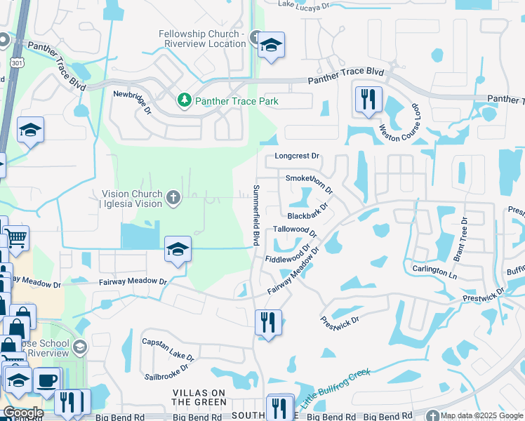 map of restaurants, bars, coffee shops, grocery stores, and more near 11308 Silverleaf Court in Riverview