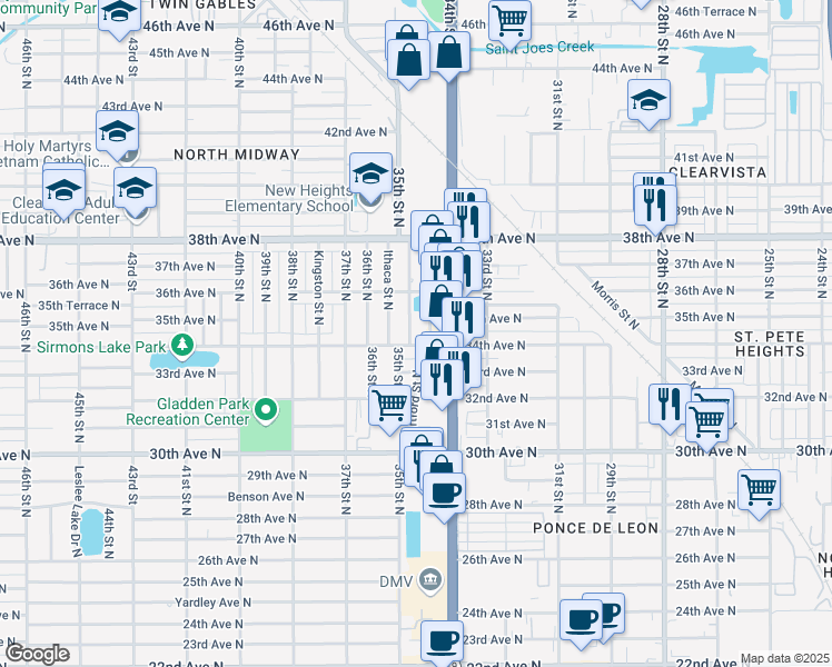 map of restaurants, bars, coffee shops, grocery stores, and more near 3482 34th Avenue North in St. Petersburg