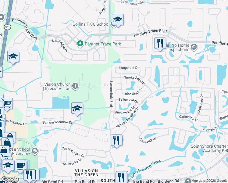 map of restaurants, bars, coffee shops, grocery stores, and more near 11308 Silverleaf Court in Riverview