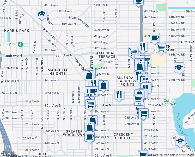 map of restaurants, bars, coffee shops, grocery stores, and more near 851 34th Avenue North in Saint Petersburg