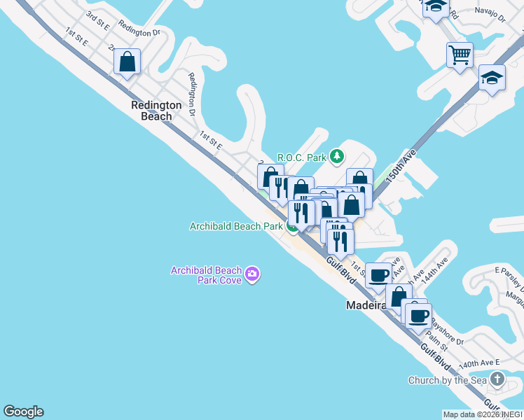 map of restaurants, bars, coffee shops, grocery stores, and more near 15316 Gulf Boulevard in Madeira Beach