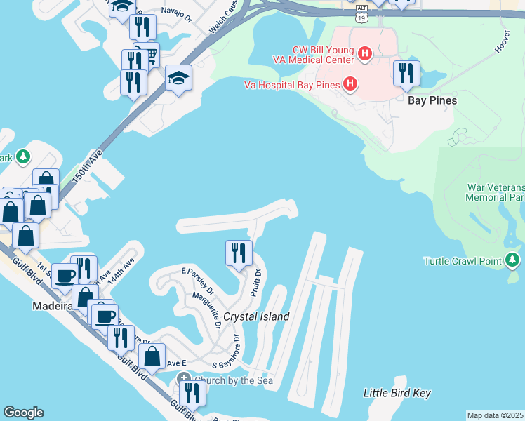 map of restaurants, bars, coffee shops, grocery stores, and more near 858 Bay Point Drive in Madeira Beach