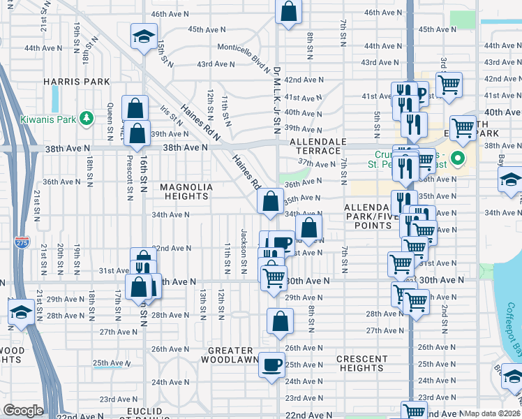 map of restaurants, bars, coffee shops, grocery stores, and more near 3459 Iris Street North in St. Petersburg