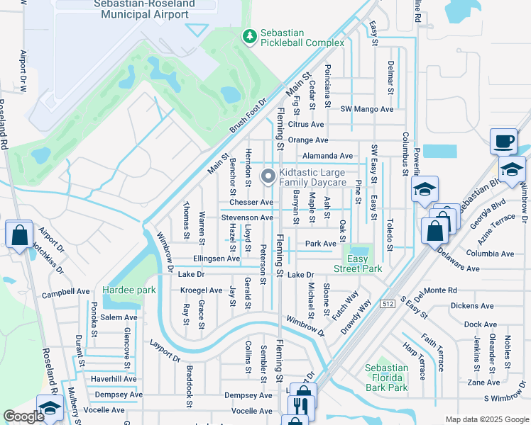 map of restaurants, bars, coffee shops, grocery stores, and more near 397 Benschop Street in Sebastian