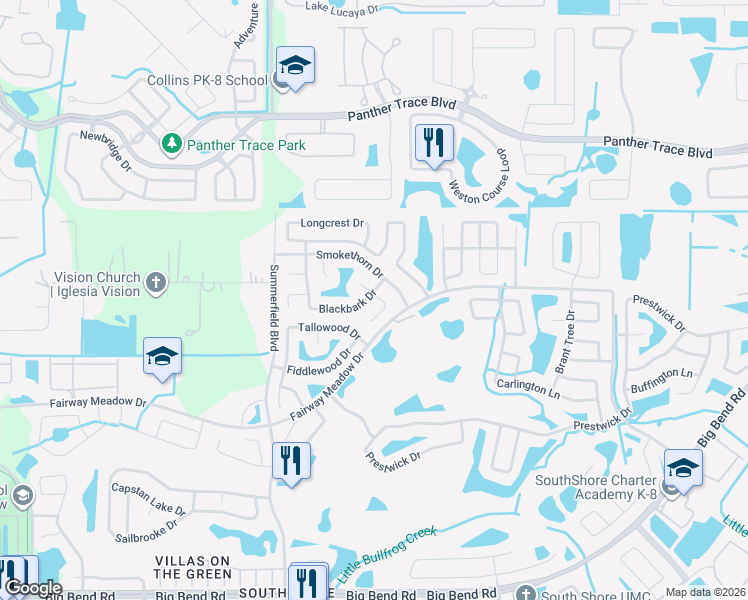 map of restaurants, bars, coffee shops, grocery stores, and more near 11511 Blackbark Drive in Riverview