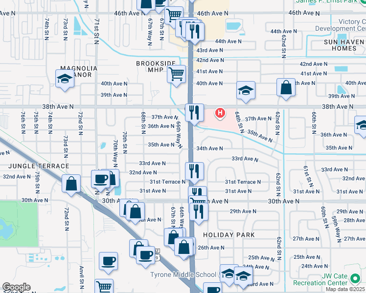 map of restaurants, bars, coffee shops, grocery stores, and more near 3401 66th Way North in Saint Petersburg