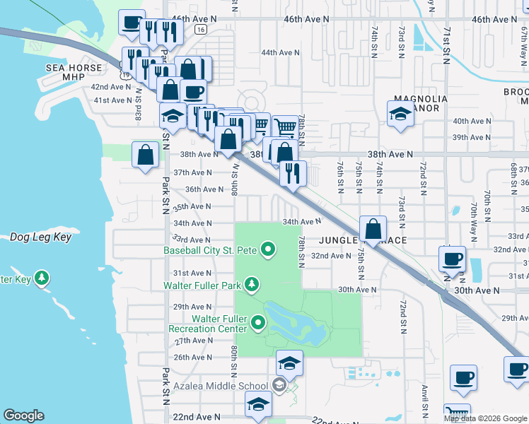 map of restaurants, bars, coffee shops, grocery stores, and more near 95 5th sttreet in St. Petersburg