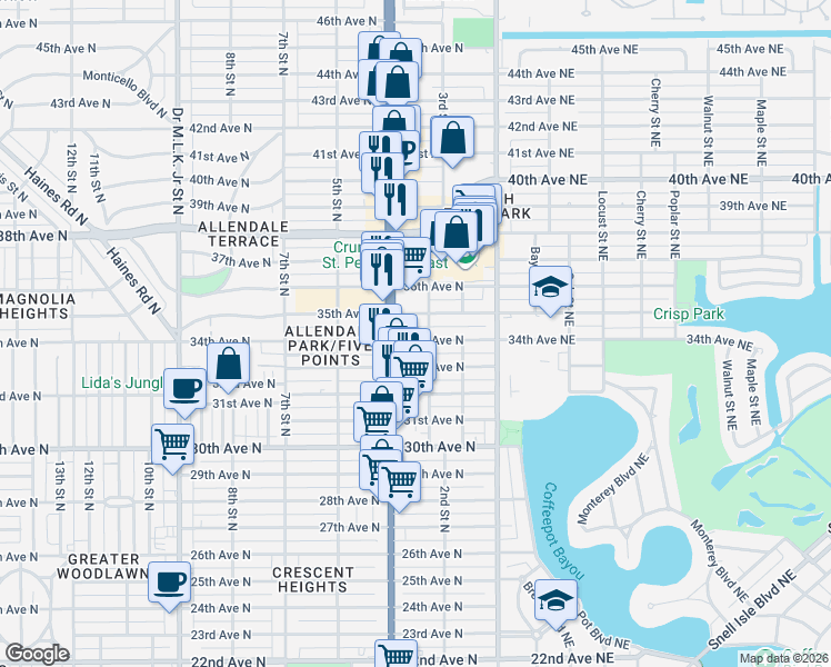 map of restaurants, bars, coffee shops, grocery stores, and more near 3499 4th Street North in St. Petersburg