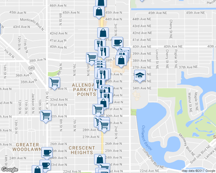 map of restaurants, bars, coffee shops, grocery stores, and more near 3499 4th Street North in St. Petersburg