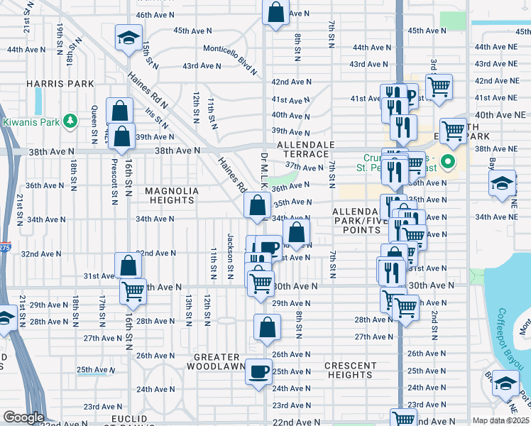 map of restaurants, bars, coffee shops, grocery stores, and more near 3510 Doctor Martin Luther King Junior Street North in St. Petersburg