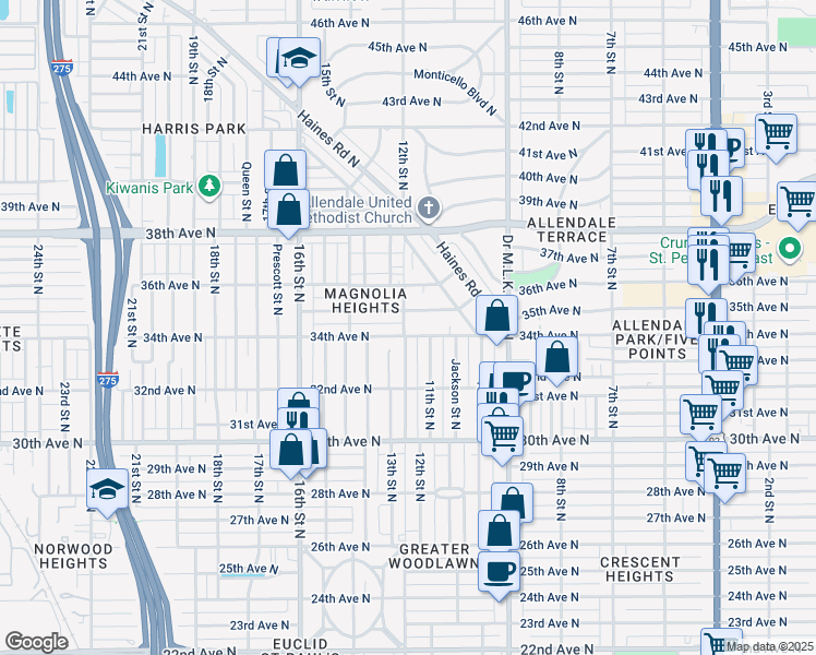 map of restaurants, bars, coffee shops, grocery stores, and more near 1121 35th Avenue North in St. Petersburg