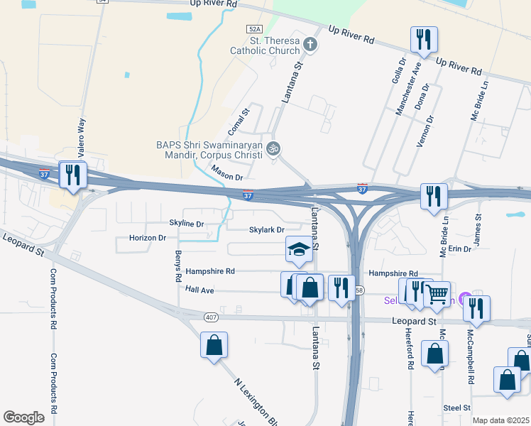 map of restaurants, bars, coffee shops, grocery stores, and more near Interstate 37 in Corpus Christi