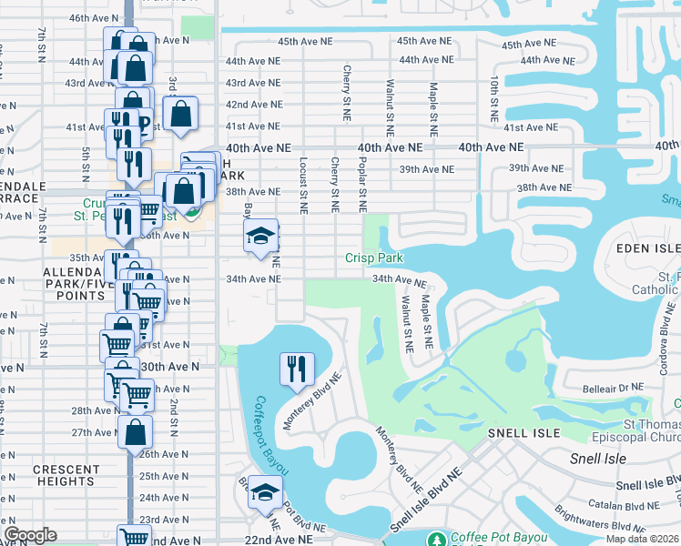 map of restaurants, bars, coffee shops, grocery stores, and more near 501 34th Avenue Northeast in Saint Petersburg