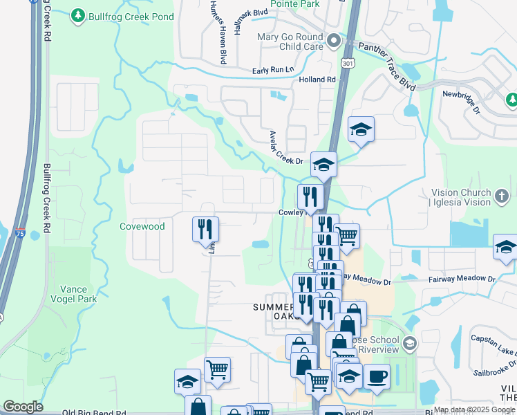 map of restaurants, bars, coffee shops, grocery stores, and more near 10428 Avelar Ridge Drive in Riverview