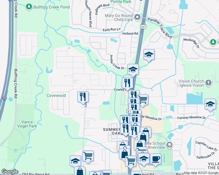 map of restaurants, bars, coffee shops, grocery stores, and more near 10313 Avelar Ridge Drive in Riverview