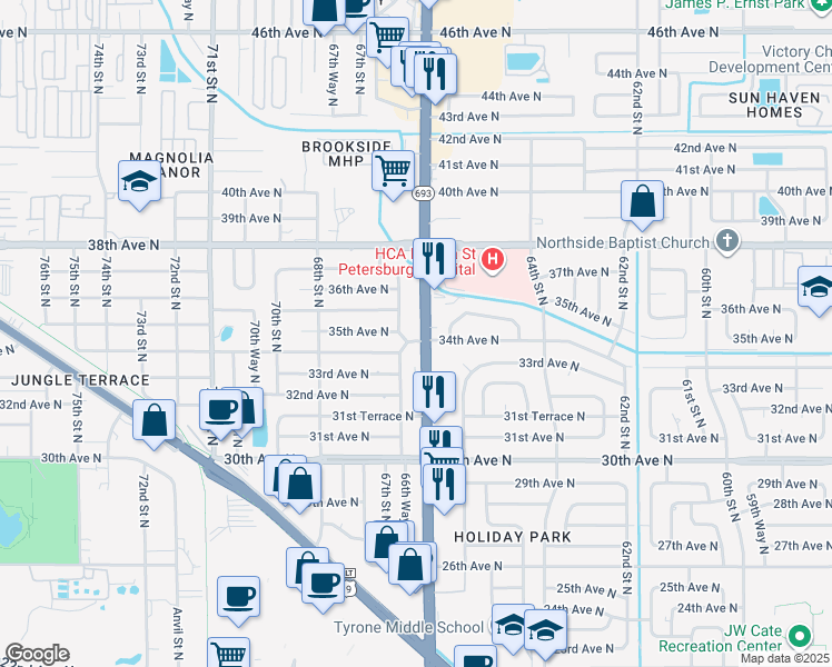map of restaurants, bars, coffee shops, grocery stores, and more near 6601 34th Avenue North in St. Petersburg