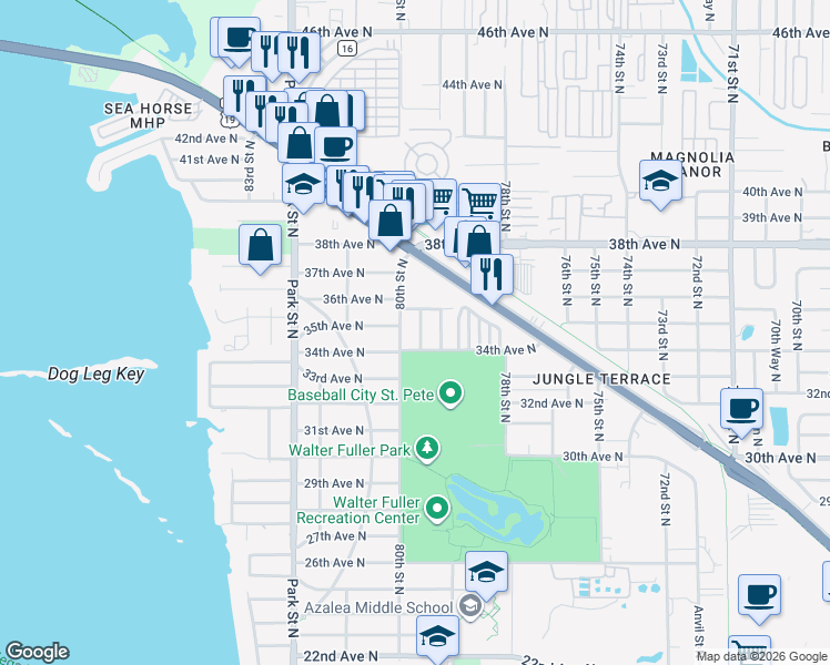map of restaurants, bars, coffee shops, grocery stores, and more near 3598 79th Way North in St. Petersburg