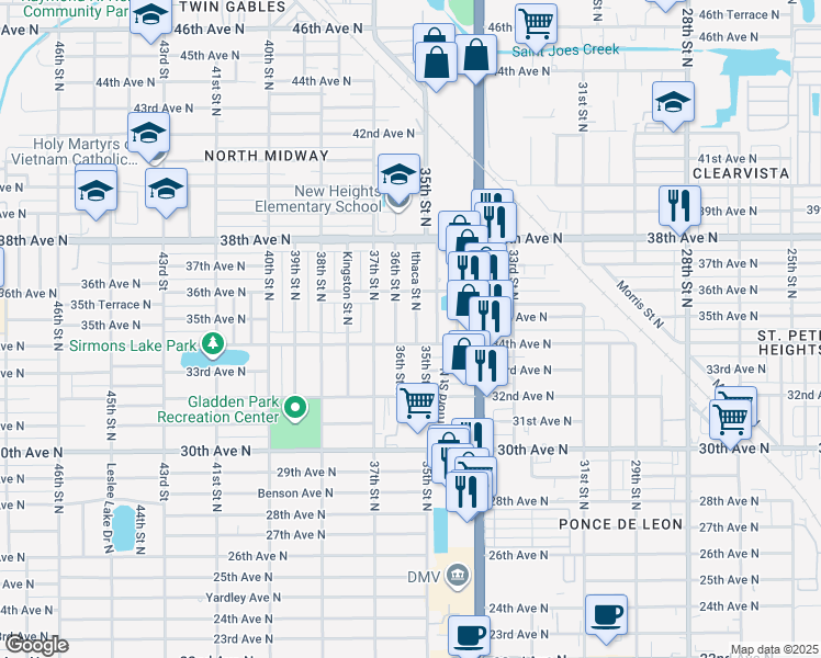 map of restaurants, bars, coffee shops, grocery stores, and more near 3512 35th Street North in St. Petersburg