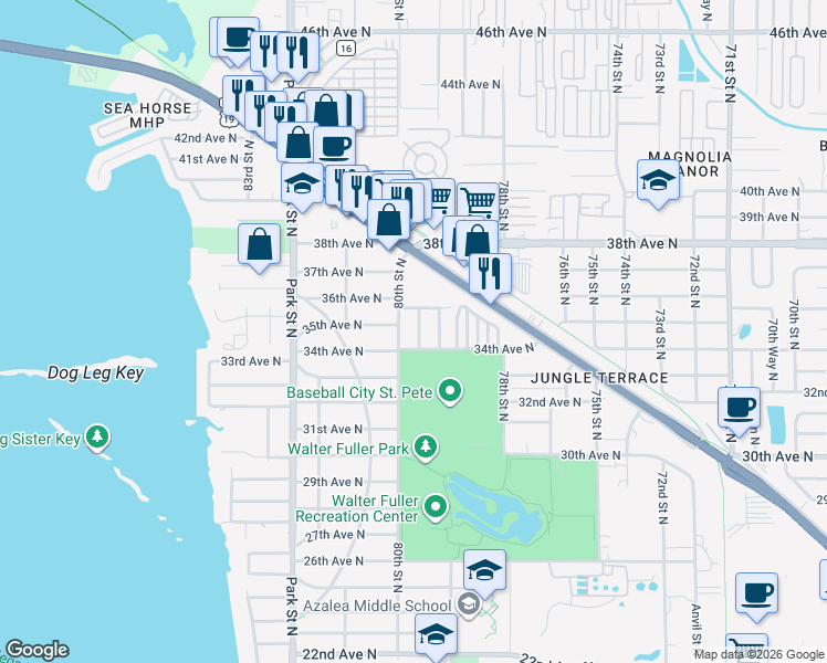 map of restaurants, bars, coffee shops, grocery stores, and more near 3464 79th Way North in St. Petersburg