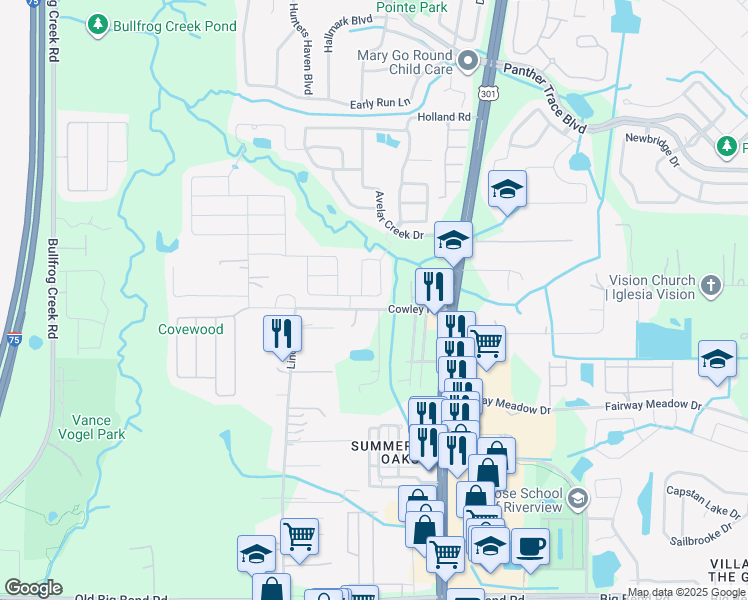 map of restaurants, bars, coffee shops, grocery stores, and more near 10428 Avelar Ridge Drive in Riverview
