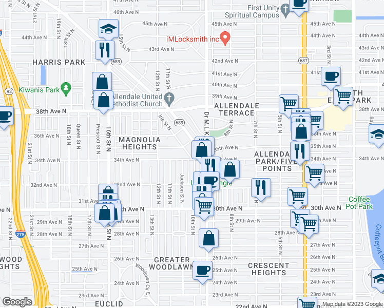 map of restaurants, bars, coffee shops, grocery stores, and more near 3411 Iris Street North in St. Petersburg