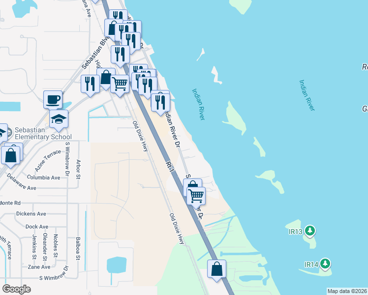 map of restaurants, bars, coffee shops, grocery stores, and more near 11536 South Indian River Drive in Sebastian