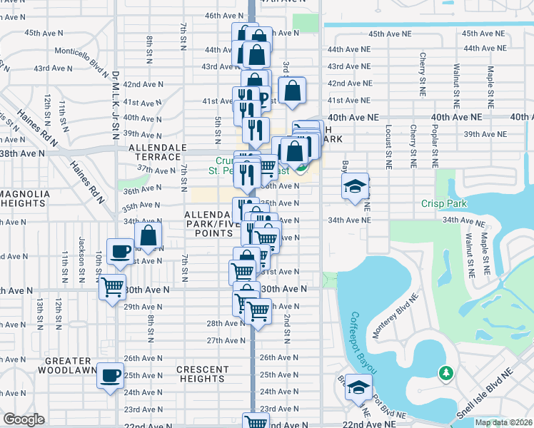 map of restaurants, bars, coffee shops, grocery stores, and more near 3499 4th Street North in St. Petersburg