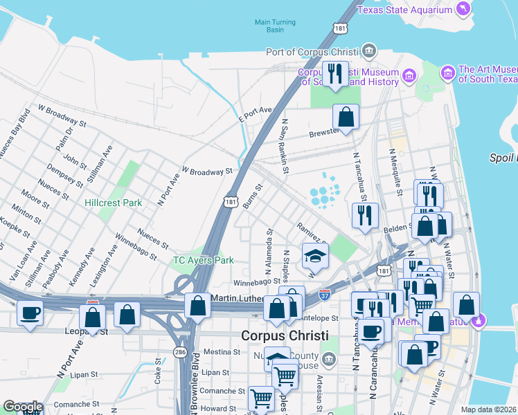 map of restaurants, bars, coffee shops, grocery stores, and more near 1513 Sam Rankin Street in Corpus Christi
