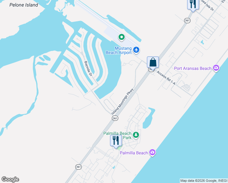 map of restaurants, bars, coffee shops, grocery stores, and more near 3700 Island Moorings Parkway in Port Aransas