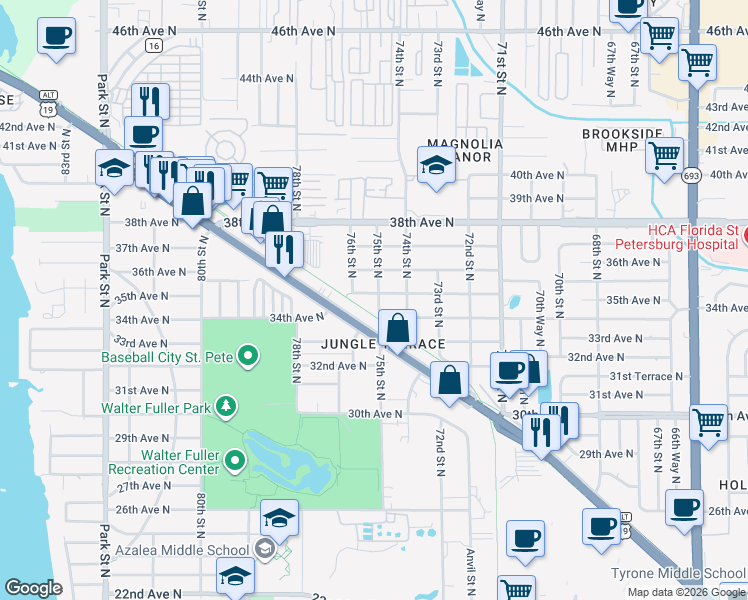 map of restaurants, bars, coffee shops, grocery stores, and more near 7545 35th Avenue North in St. Petersburg