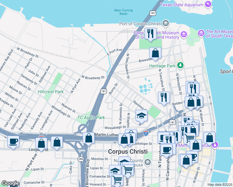 map of restaurants, bars, coffee shops, grocery stores, and more near 1513 Sam Rankin Street in Corpus Christi