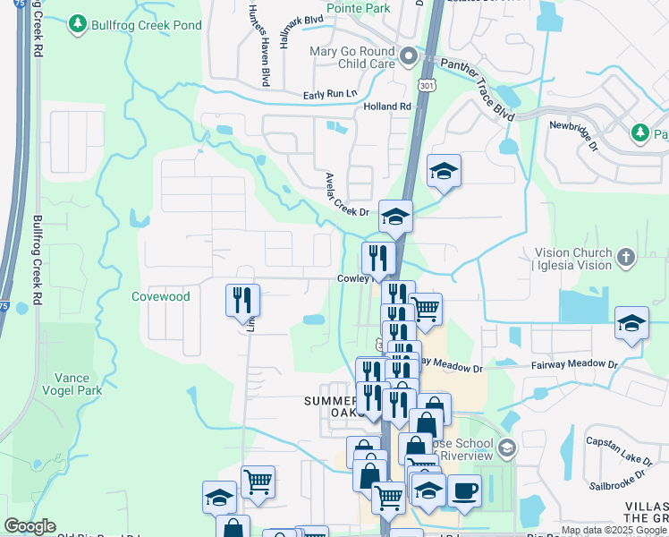 map of restaurants, bars, coffee shops, grocery stores, and more near 10321 Avelar Ridge Drive in Riverview