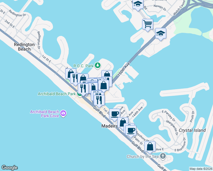 map of restaurants, bars, coffee shops, grocery stores, and more near 400 150th Avenue in Madeira Beach