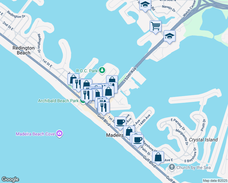 map of restaurants, bars, coffee shops, grocery stores, and more near 410 150th Avenue in Madeira Beach