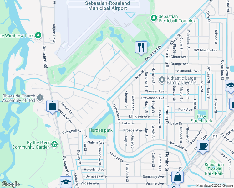 map of restaurants, bars, coffee shops, grocery stores, and more near 386 Main Street in Sebastian
