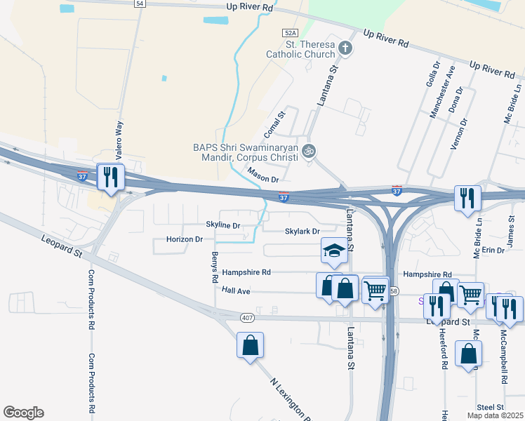 map of restaurants, bars, coffee shops, grocery stores, and more near 809 Derry Drive in Corpus Christi