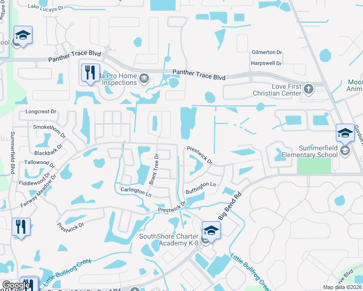 map of restaurants, bars, coffee shops, grocery stores, and more near 13320 Prestwick Drive in Riverview