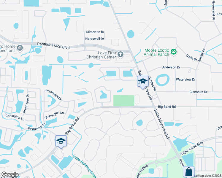map of restaurants, bars, coffee shops, grocery stores, and more near 11843 Brenford Crest Drive in Riverview